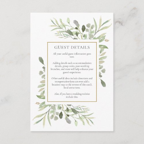 Greenery Wedding Accommodation Guest Details Enclosure Card