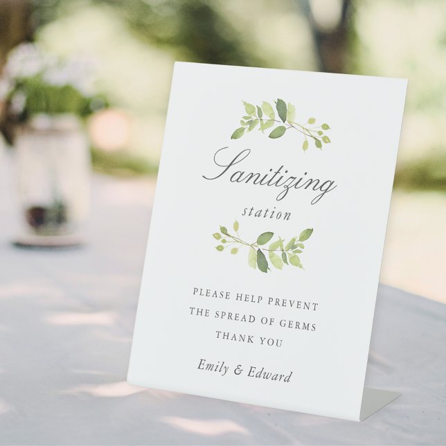Greenery Wedding Bridal Shower Sanitizing Station Pedestal Sign (Creator Uploaded)
