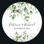 Greenery Wedding Classic Round Sticker<br><div class="desc">Prepare to be enchanted by our stunning greenery wedding suite! Adorned with delicate illustrations of eucalyptus leaves and paired with bold, elegant calligraphy, this suite is the perfect touch for your magical garden-themed wedding. If you need any additional items or have a special request, just reach out via chat—I’m here...</div>
