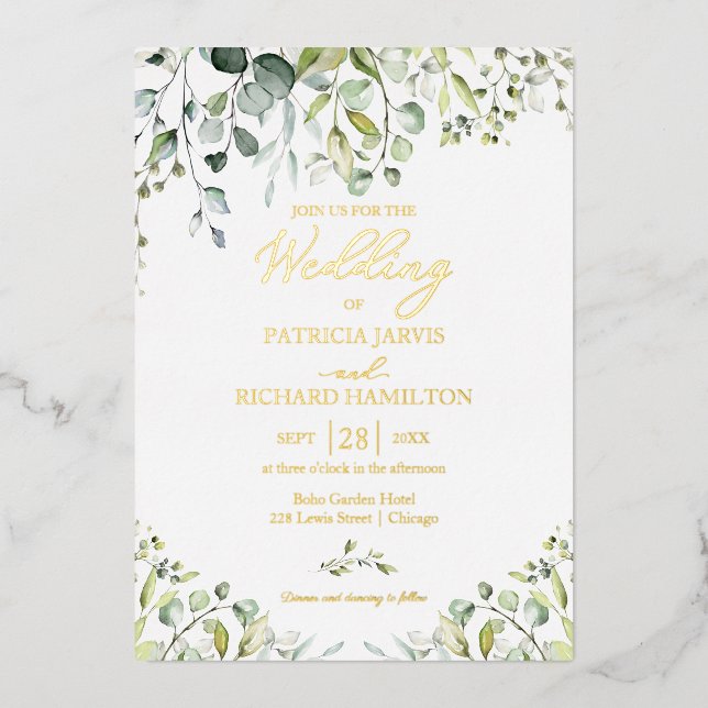 Greenery Wedding Eucalyptus Watercolor  Foil Invitation (Front)