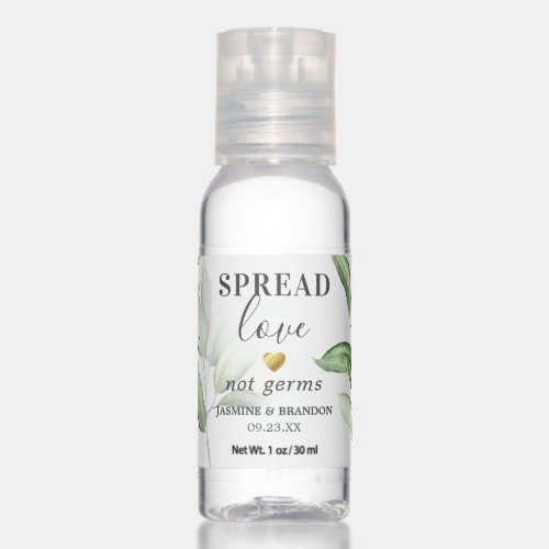 Greenery Wedding Favors Travel Hand Sanitizer - Elegant botanical travel hand sanitizer bottles are perfect to give out as wedding favors to guests on your special day. They feature modern watercolor greenery woodland foliage, the saying "spread love not germs", the names of the bride & groom, and the wedding date.