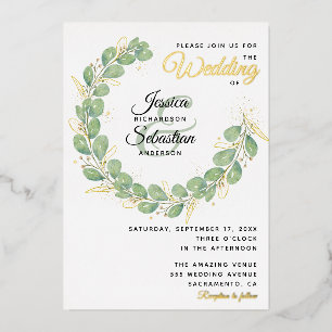Greenery Wedding Gold White Eucalyptus Wreath Foil Invitation