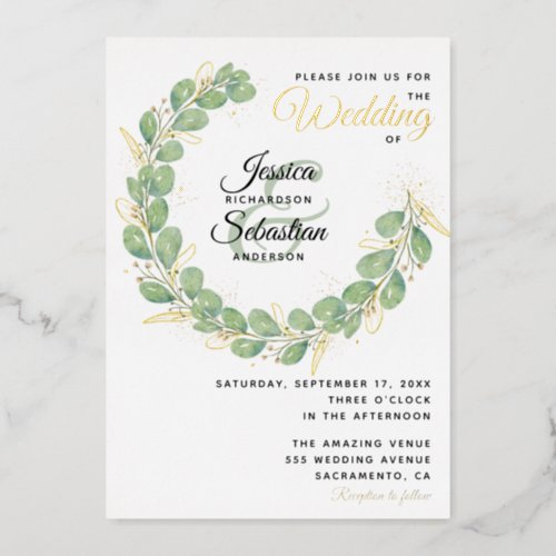 Greenery Wedding Gold White Eucalyptus Wreath Foil Invitation