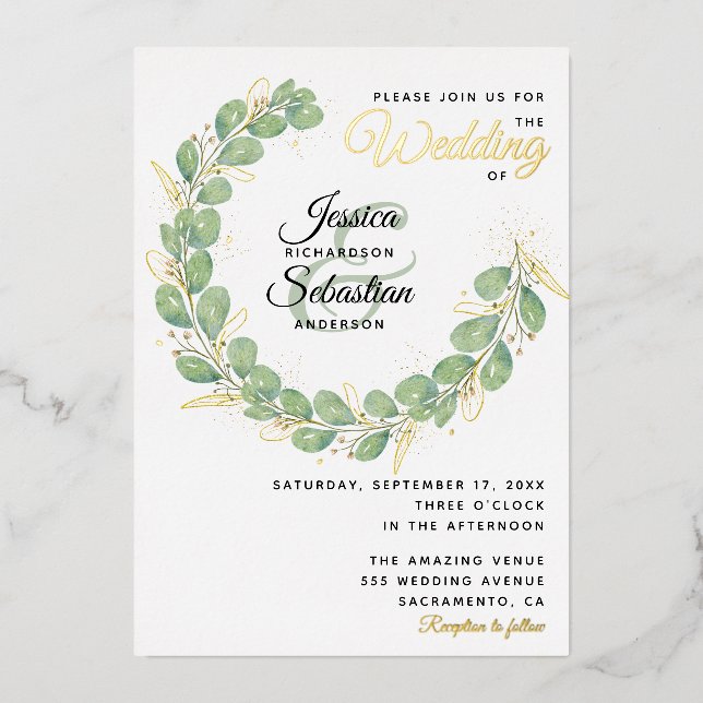 Greenery Wedding Gold White Eucalyptus Wreath Foil Invitation (Front)