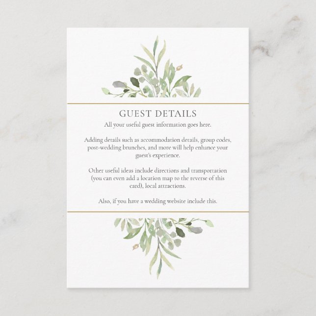 Greenery Wedding Guest Accommodation Details Enclosure Card (Front)