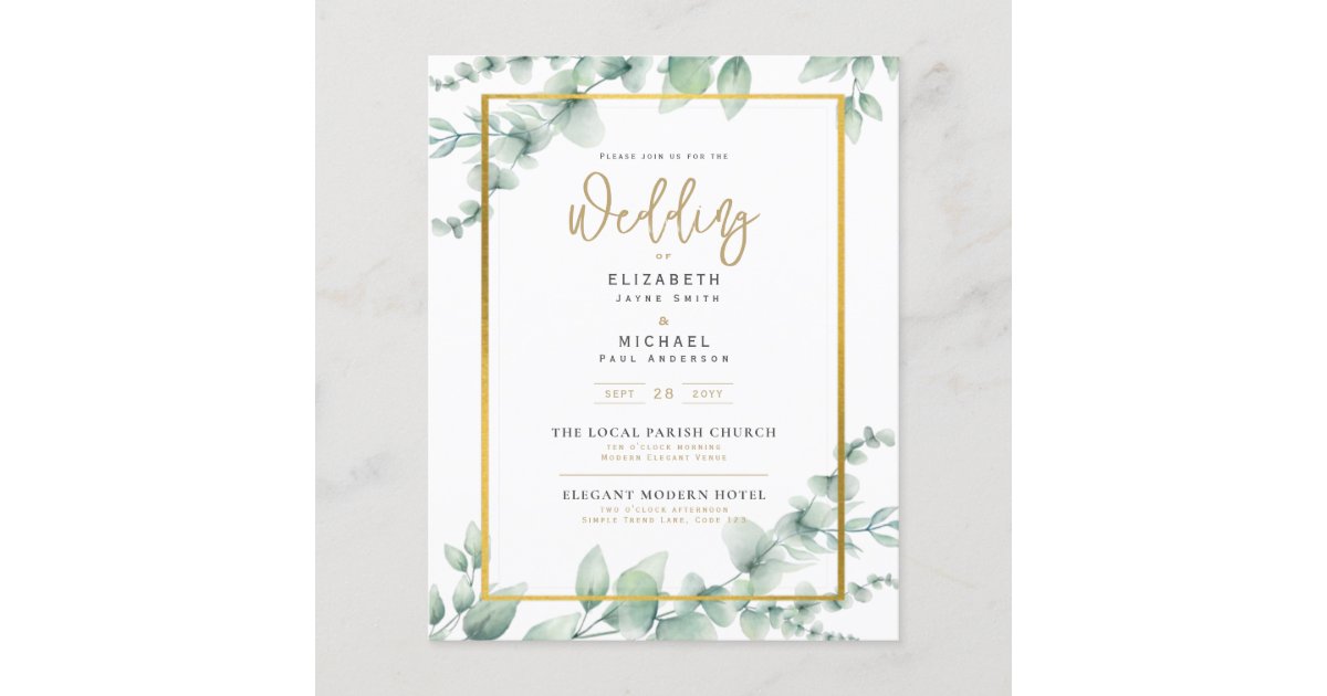 Greenery Wedding Invitation Eucalyptus White Gold | Zazzle