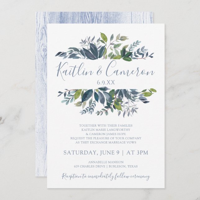 Greenery Wedding Invitations - Dusty Blue & Green (Front/Back)