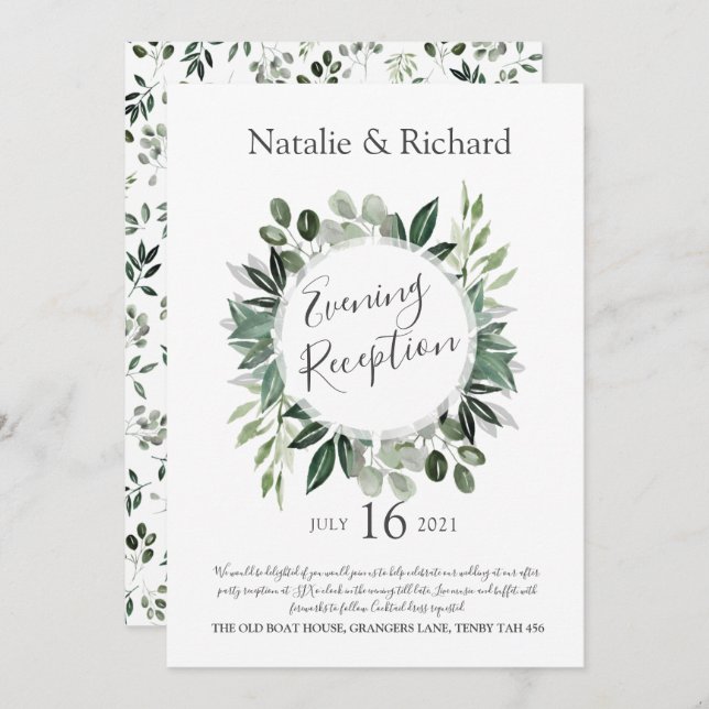 Greenery Wedding Invite, Evening Reception Invitation (Front/Back)