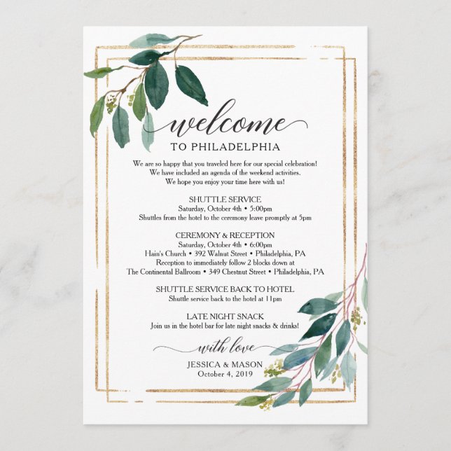 Greenery Wedding Itinerary - Wedding Welcome Program (Front)