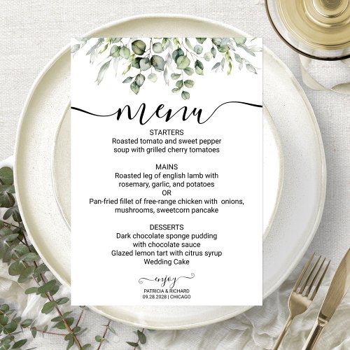 Greenery Wedding Menu Watercolor Eucalyptus Card