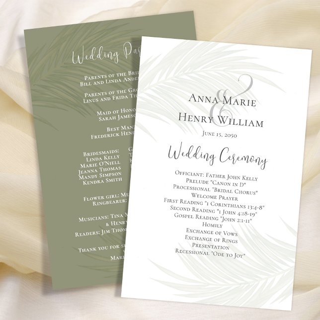 Greenery Wedding Program Elegant Palm Leaves (Elegant Wedding Program template with tropical green palm leaves. )