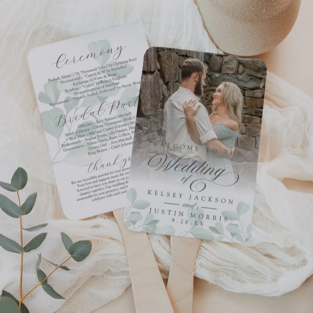 Greenery Wedding Program Eucalyptus Watercolor Hand Fan (Creator Uploaded)