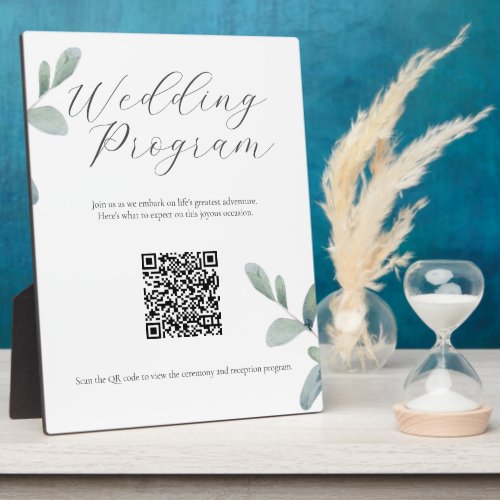 Greenery Wedding Program Sign with QR Code Plaque