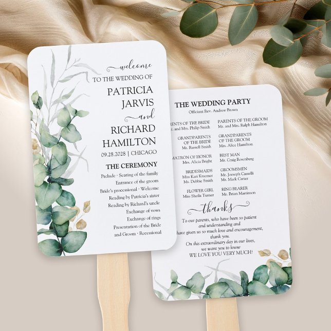 Greenery Wedding Program Watercolor Eucalyptus  Hand Fan (Creator Uploaded)