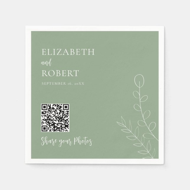 Greenery Wedding QR Share Your Photos Sage Green Napkins (Front)
