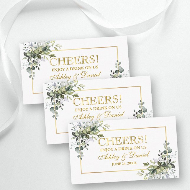 Greenery Wedding Reception Gold Drink Ticket Card (Customize to change text color, style, size or to add more text to back of card.)