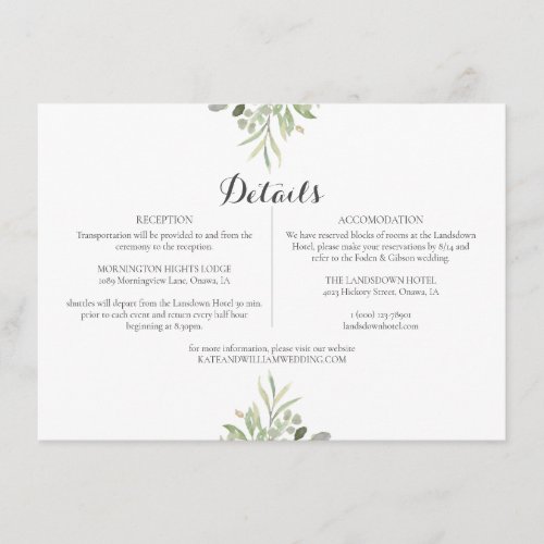 Greenery Wedding Script Details Information Enclosure Card