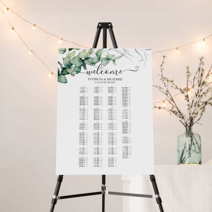 Greenery Wedding Seating Chart Alphabetical Order Foam Board