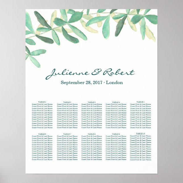 Greenery Wedding Seating Chart Portrait 10 Tables (Front)