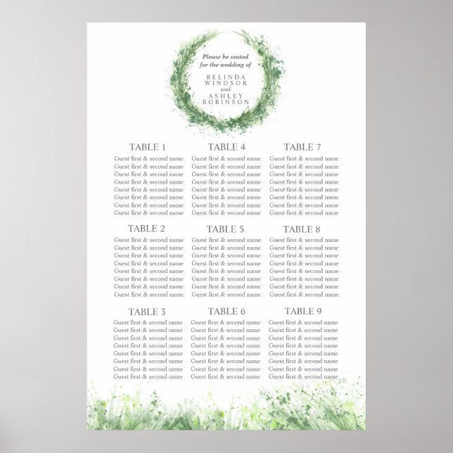 Greenery Wedding Seating Table Plan sage green Poster (Front)