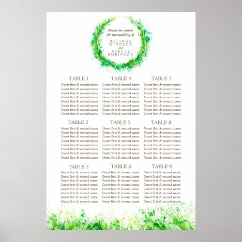 Greenery Wedding Seating Table Planner 1_9 tables Poster