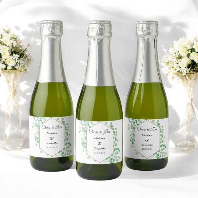 Greenery Wedding Watercolor White Green Mini Sparkling Wine Label (Creator Uploaded)