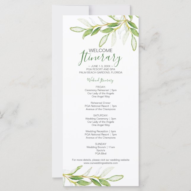 Greenery Wedding Weekend Itinerary for Guests (Front)