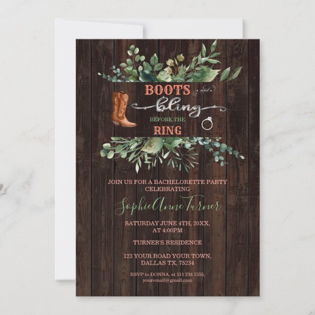 Greenery Western Boots & Bling Bachelorette Party Invitation (Front)