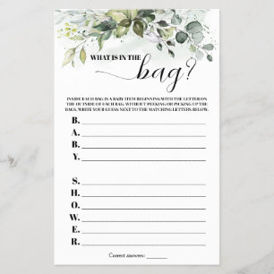 Greenery What is in the Bag Baby Shower Game Flyer