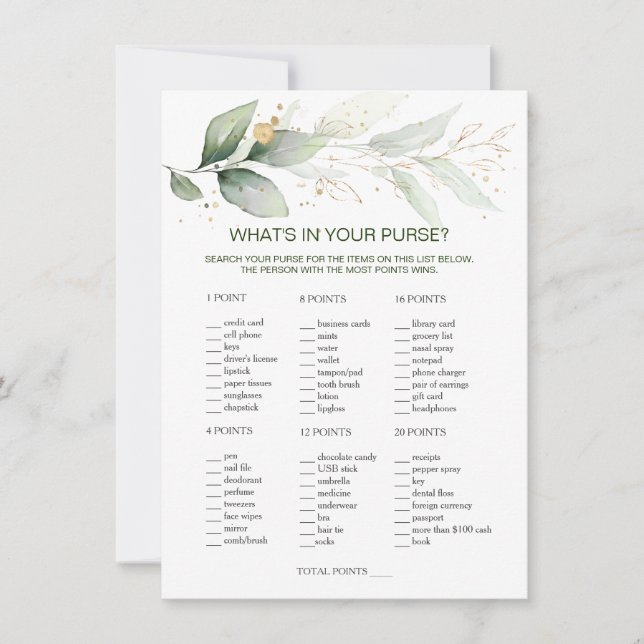 Greenery What's In Your Purse Bridal Shower Game Invitation (Front)