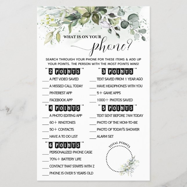 Greenery Whats on your Phone Baby Shower Game Card Flyer (Front)