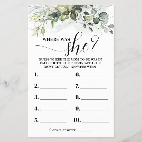 Greenery Where was Mom to be Baby Shower Game Card Flyer