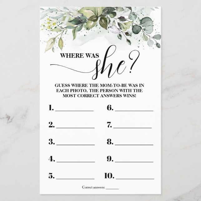 Greenery Where was Mom to be Baby Shower Game Card Flyer (Front)