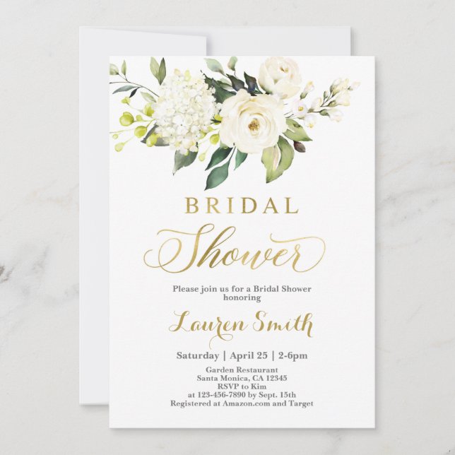 Greenery white and gold Bridal Shower Invitation (Front)