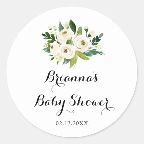 Greenery White Autumn Floral Baby Shower Favor Classic Round Sticker