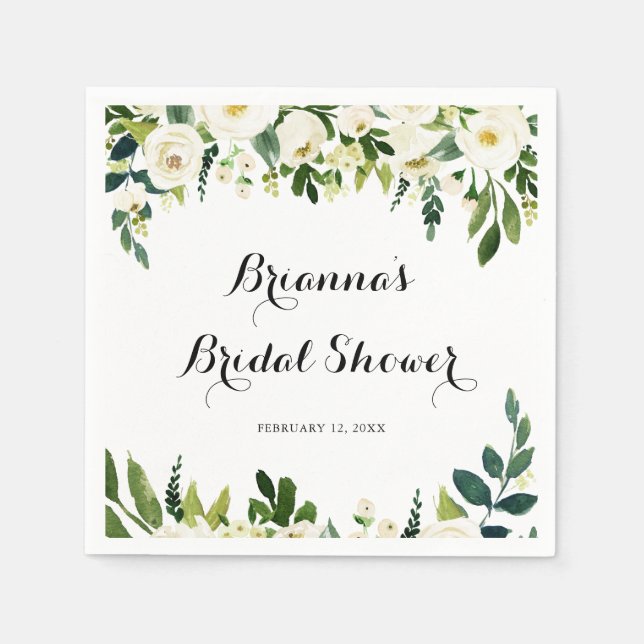 Greenery White Autumn Floral Bridal Shower Napkins (Front)