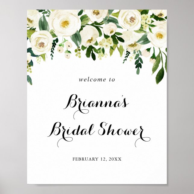 Greenery White Autumn Floral Bridal Shower Welcome Poster (Front)