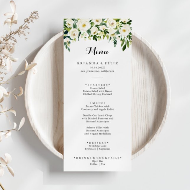 Greenery White Autumn Floral Calligraphy Dinner Menu (Creator Uploaded)