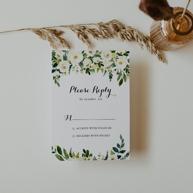 Greenery White Autumn Floral Calligraphy RSVP Card (Creator Uploaded)