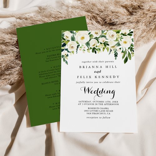 Greenery White Autumn Floral Front  Back Wedding Invitation