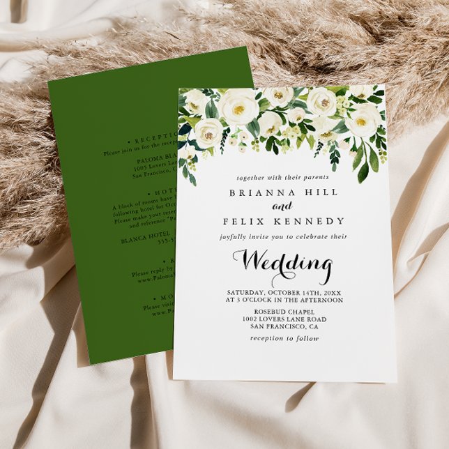 Greenery White Autumn Floral Front & Back Wedding Invitation (Creator Uploaded)