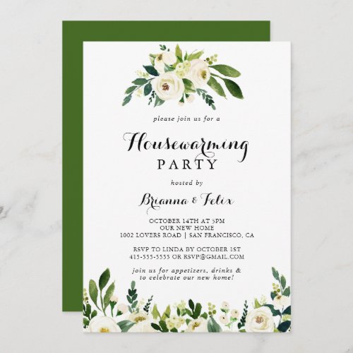 Greenery White Autumn Floral Housewarming Party Invitation