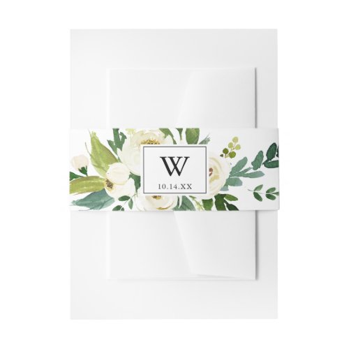 Greenery White Autumn Floral Monogram Wedding Invitation Belly Band