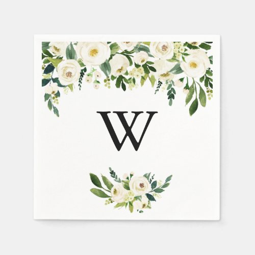 Greenery White Autumn Floral Monogram Wedding Napkins