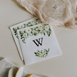 Greenery White Autumn Floral Monogram Wedding Napkins