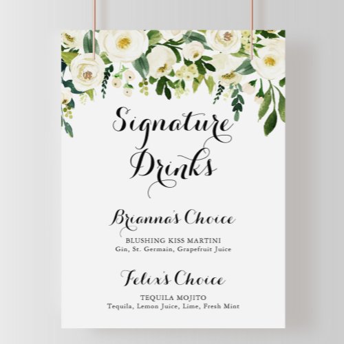 Greenery White Autumn Floral Signature Drinks Sign