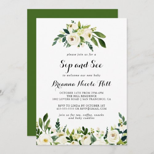 Greenery White Autumn Floral Sip and See Invitation