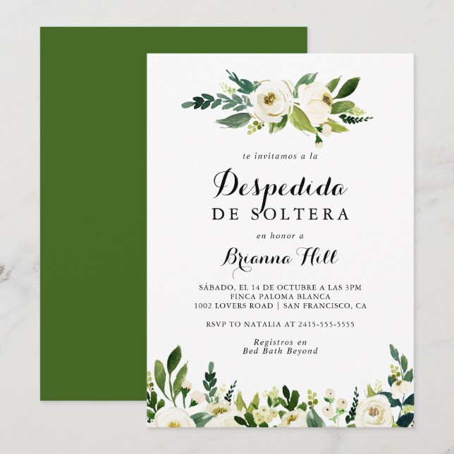 Greenery White Autumn Floral Spanish Bridal Shower Invitation (Front/Back)
