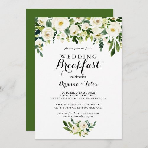 Greenery White Autumn Floral Wedding Breakfast Invitation