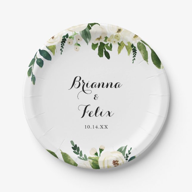 Greenery White Autumn Floral Wedding Cake Paper Plates (Front)